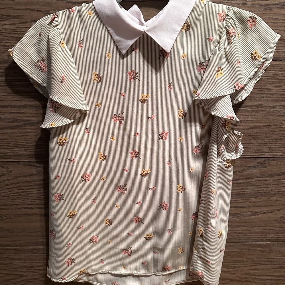 Monteau Cream Striped Blouse with Pink & Yellow Floral Print